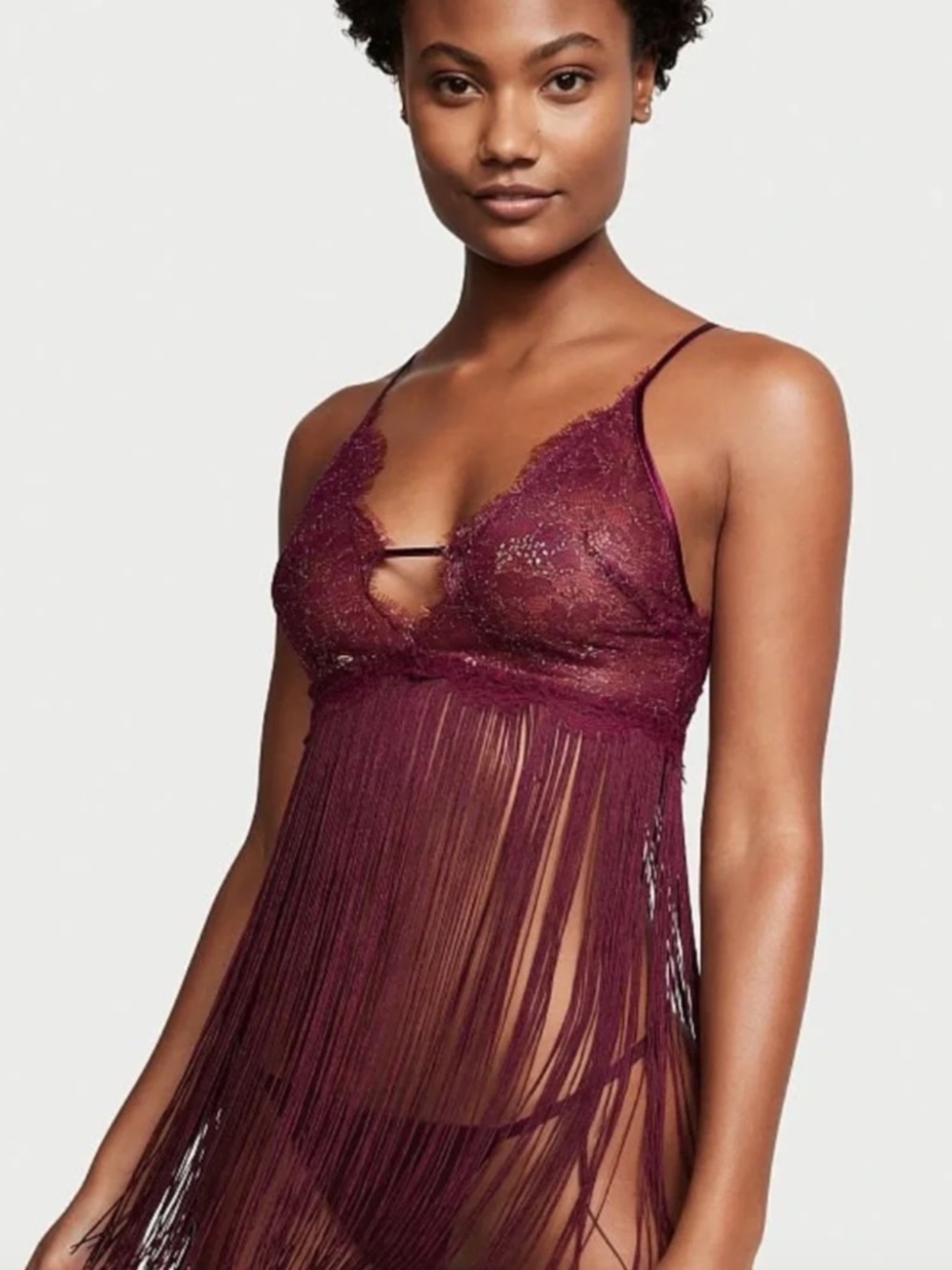 NWT Victoria's‎ Secret Lace and Fringe Slip Size L Sheer Bralette Burgundy